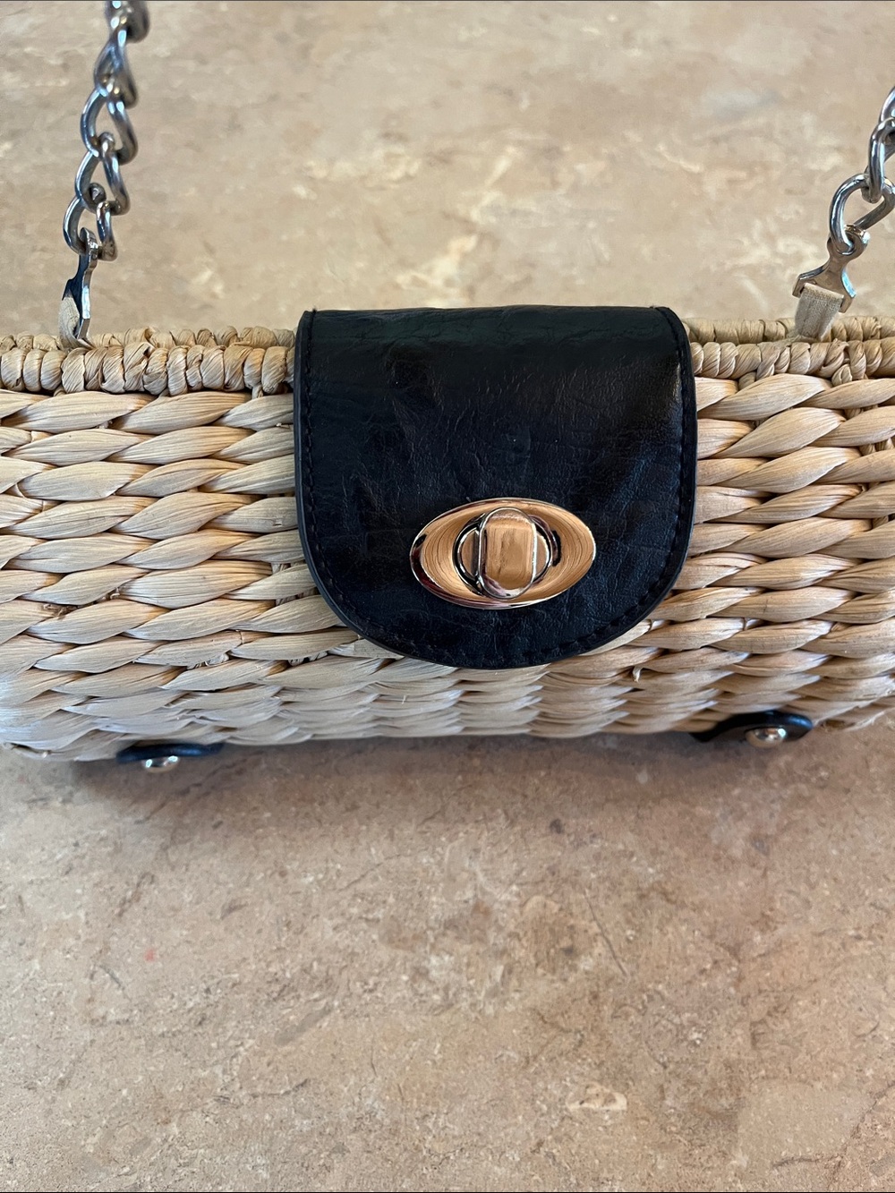 Kelly & Katie Woven Straw Shoulder Bag with Black Flap and Gold Hardware